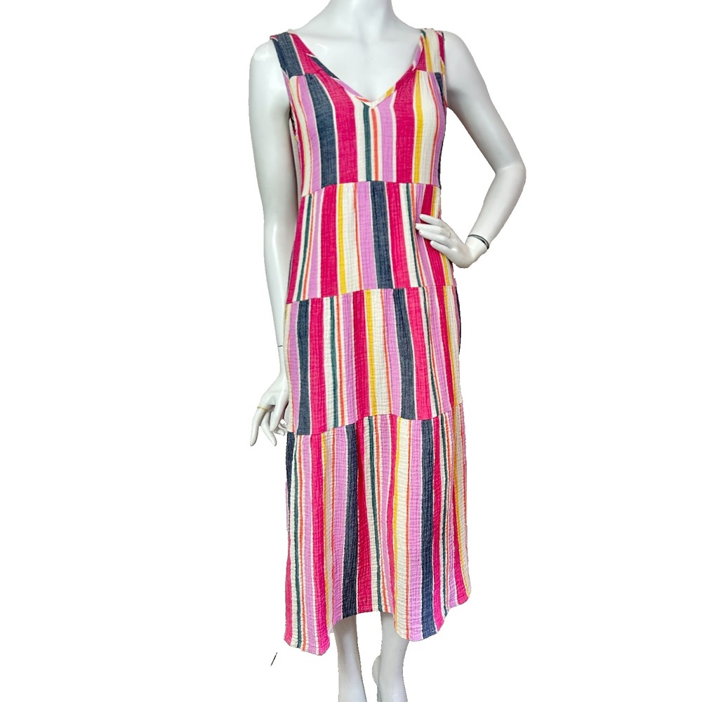 Marine Layer Corinne Tiered Cotton Gauze Maxi Dress S Pastel Stripe Pockets EUC